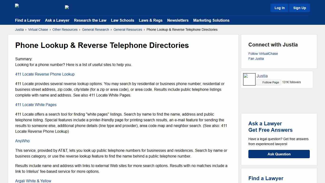 Phone Lookup & Reverse Telephone Directories :: Justia Virtual Chase
